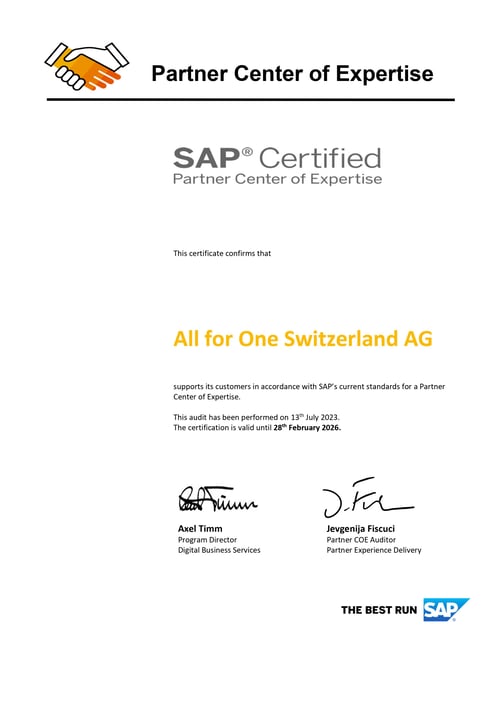 PCOE Certificate All for One Switzerland AG 206355 Switzerland 13July2023